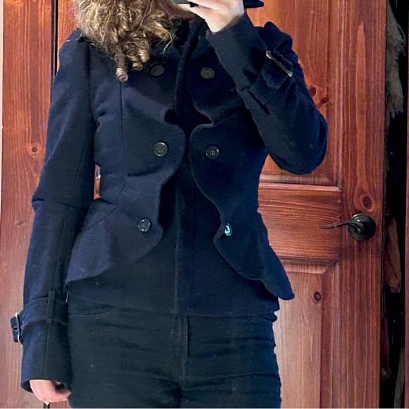 BCBG MaxAzria coat XS Pea Coat Military Ruffle Regal Royal Wool Spy Blue Trench - Picture 1 of 16